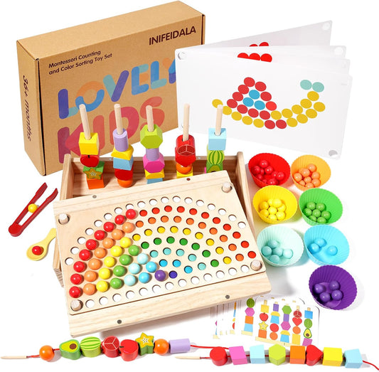 INIFEIDALA Montessori Wooden Educational Toys for 3-6 Year Olds,Counting & Color Sorting Toys with Tweezer Tongs,Preschool Learning Activities,STEM Math Manipulatives to Develop Fine Motor Skills
