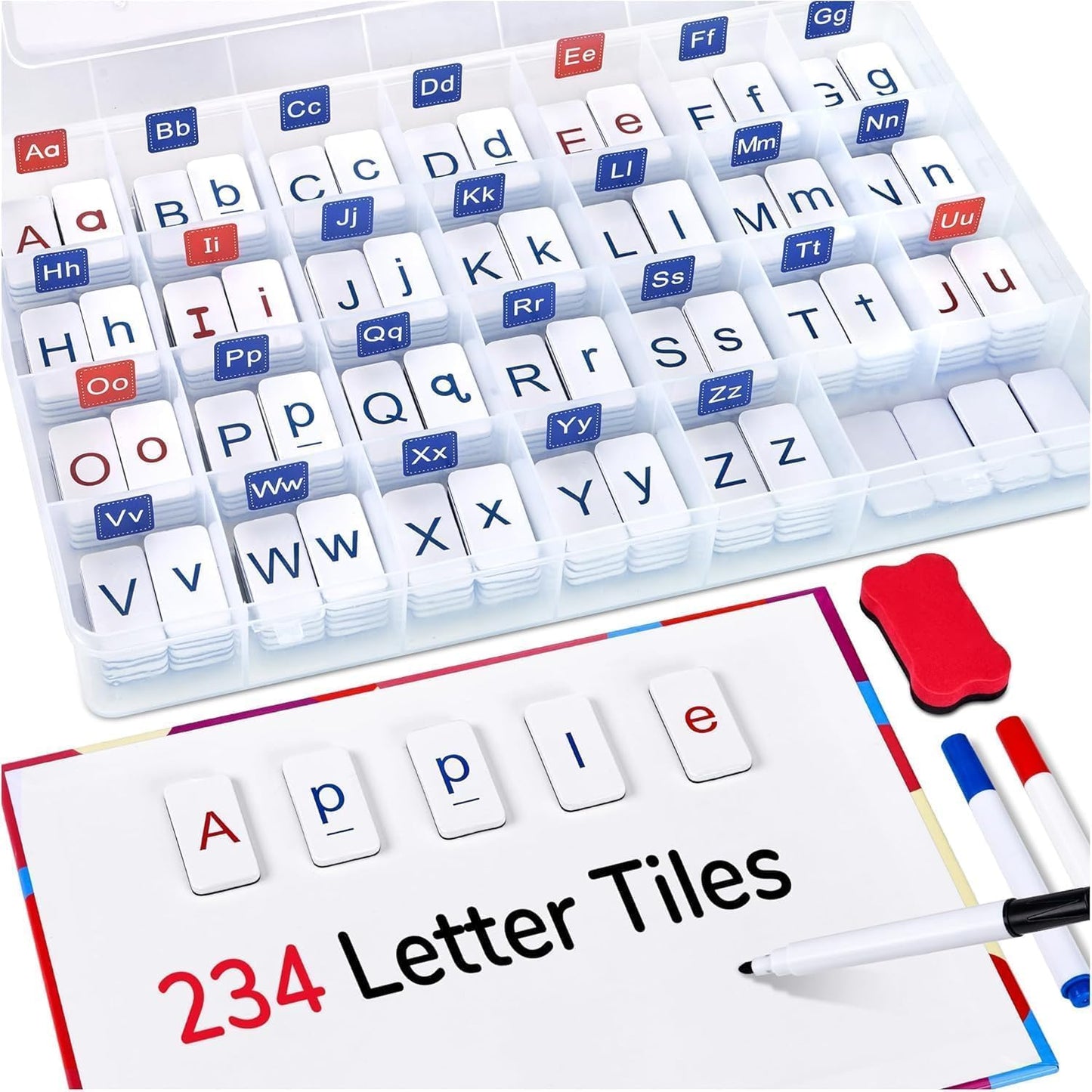 234 Foam Alphabet Tiles Magnetic Letters with Double-Side Magnet Board and Compartment Storage Case-Classroom Magnetic Letter Tiles for Phonics and Spelling