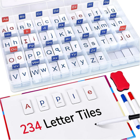 234 Foam Alphabet Tiles Magnetic Letters with Double-Side Magnet Board and Compartment Storage Case-Classroom Magnetic Letter Tiles for Phonics and Spelling