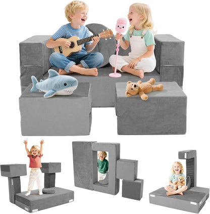 Tangram Puzzles modular kids play couch building fort, Children explorer sofa with Ball Pit, Kids playroom convertible furniture for Inspiring Child Creativity, Made entirely of sponge (Blue Series)
