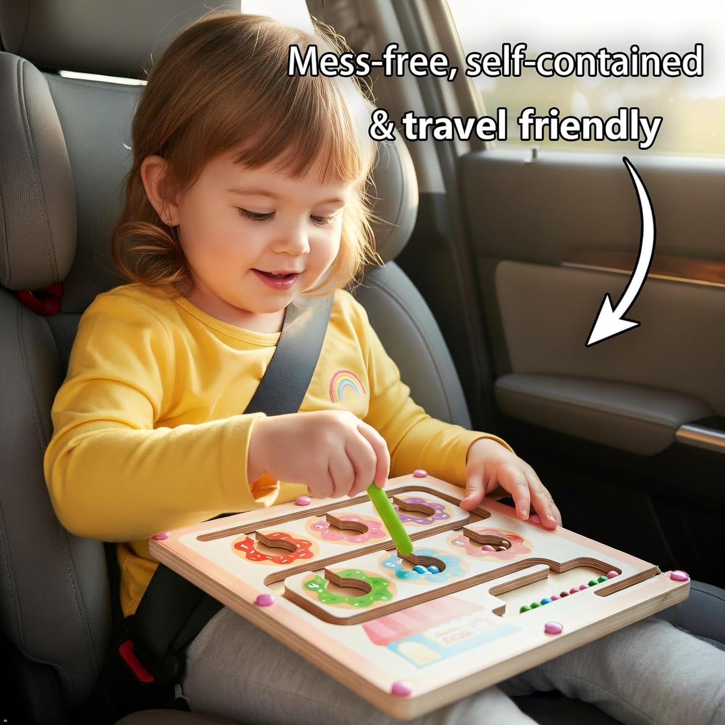 QimuMku Montessori Busy Board for Toddlers 2-4 - Magnetic Color and Number Maze Wooden Ice Cream Matching Game 1-6 Counting Learning Toys for Boys Girls Road Trip Essentials