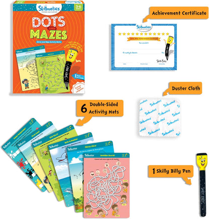 Skillmatics Educational Game - Dots & Mazes, Reusable Activity Mats with Dry Erase Marker, Gifts, Travel Toy, Ages 3 to 6