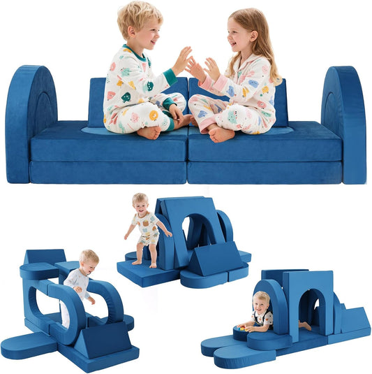 Tangram Puzzles modular kids play couch building fort, Children explorer sofa with Ball Pit, Kids playroom convertible furniture for Inspiring Child Creativity, Made entirely of sponge (Blue Series)