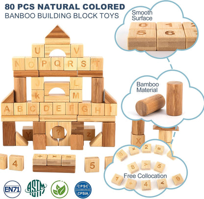 80-Piece Wooden Alphabet Building Blocks Set - Creative ABC Letters, Numbers & Shapes Blocks for Building Castles, Rockets, Robots | Educational Stacking Toys with Math Symbols for Kids Ages