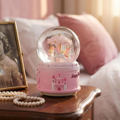 Unicorn Musical Snow Globe for Kids Girls Carousel Music Box with 7 Led Lights Swirling Glitter for Birthday Valentines