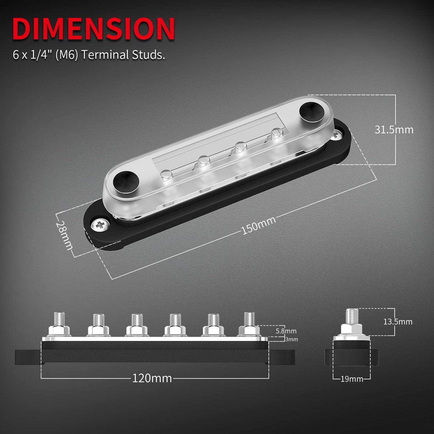 DaierTek 300A Copper Bus Bar 12V, Power Distribution Block with Cover 3 x 3/8” M10 Studs & 10 x M5 Terminal Screws for Car Marine Solar Battery Negative & Positive