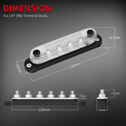 DaierTek 300A Copper Bus Bar 12V, Power Distribution Block with Cover 3 x 3/8” M10 Studs & 10 x M5 Terminal Screws for Car Marine Solar Battery Negative & Positive