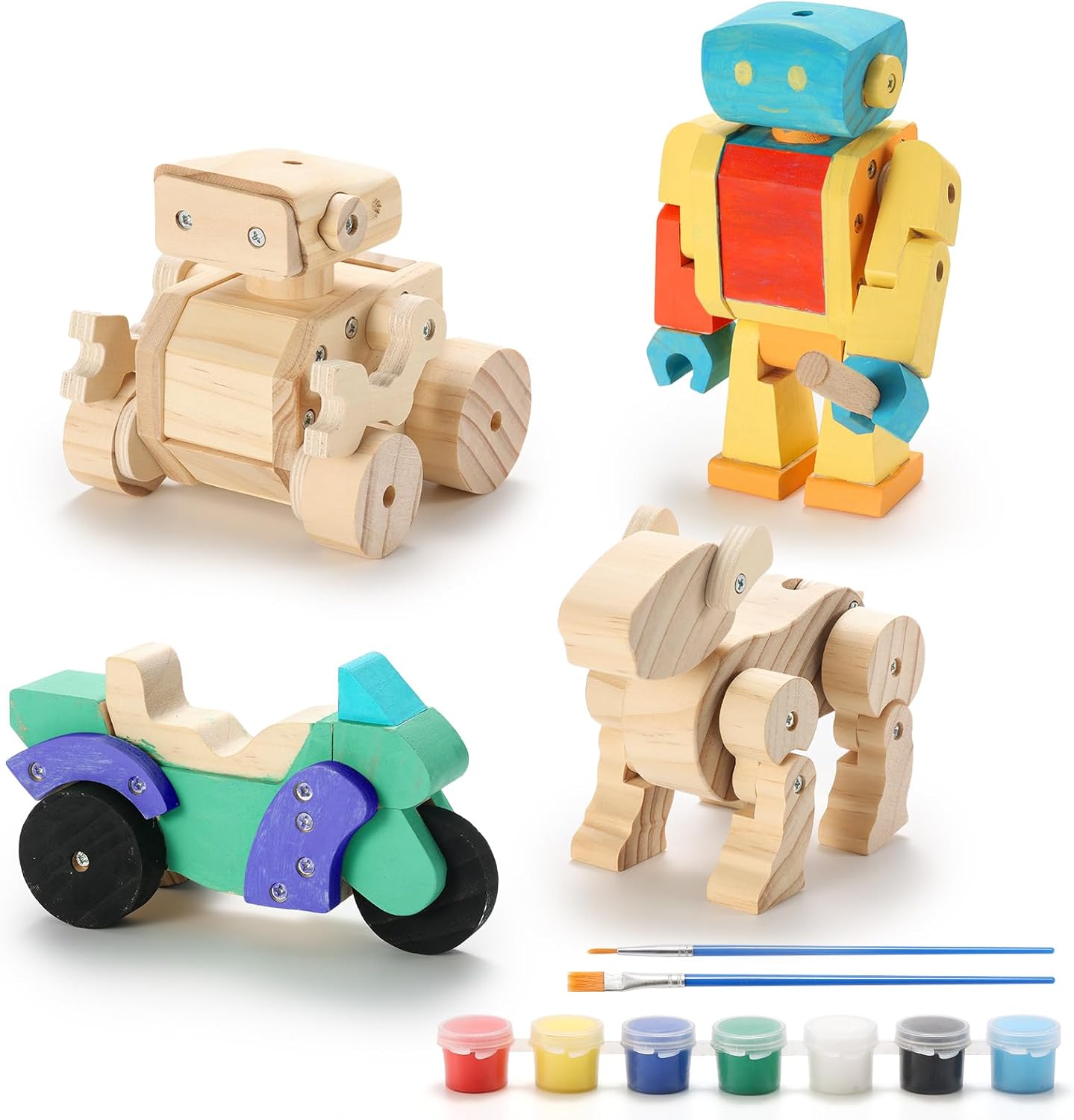 SainSmart Jr. Woodworking Building Kits for Kids, 4-in-1 Wood Building Kits for Kids STEM Projects Set, DIY Arts & Crafts Assembly Toys with Paints & Brushes, Ideal Gift for Boys and Girls