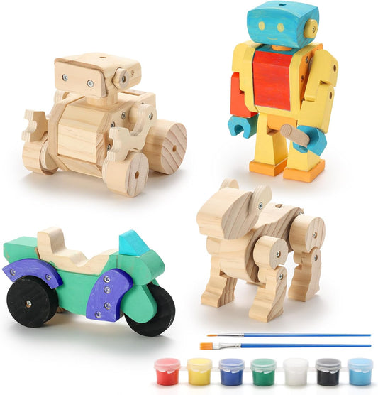 SainSmart Jr. Woodworking Building Kits for Kids, 4-in-1 Wood Building Kits for Kids STEM Projects Set, DIY Arts & Crafts Assembly Toys with Paints & Brushes, Ideal Gift for Boys and Girls