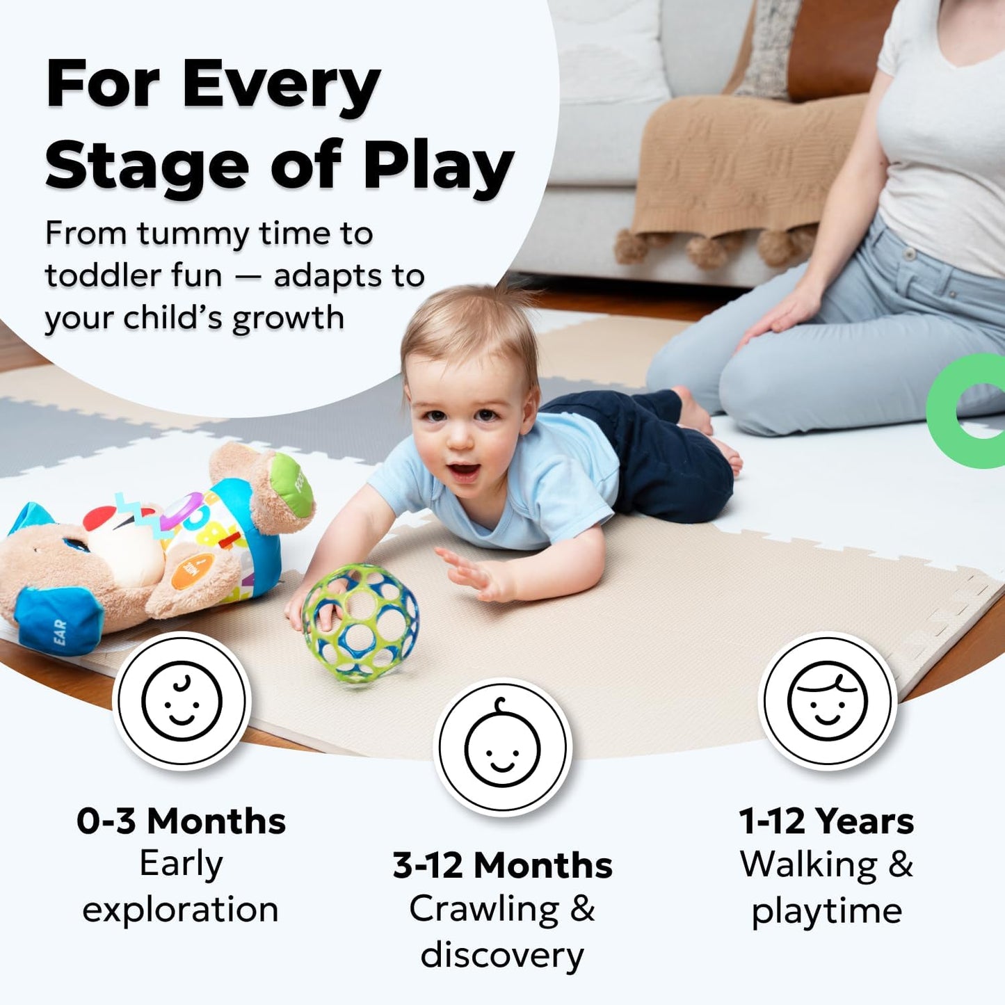MioTetto Baby Play Mat, Soft Foam Floor Tiles for Kids. Adjustable Interlocking Foam Tiles, Fits with 50x50 Playpen Baby mat for Crawling & Development, Safe & Non-Toxic Playmat for Babies 6-12 Months
