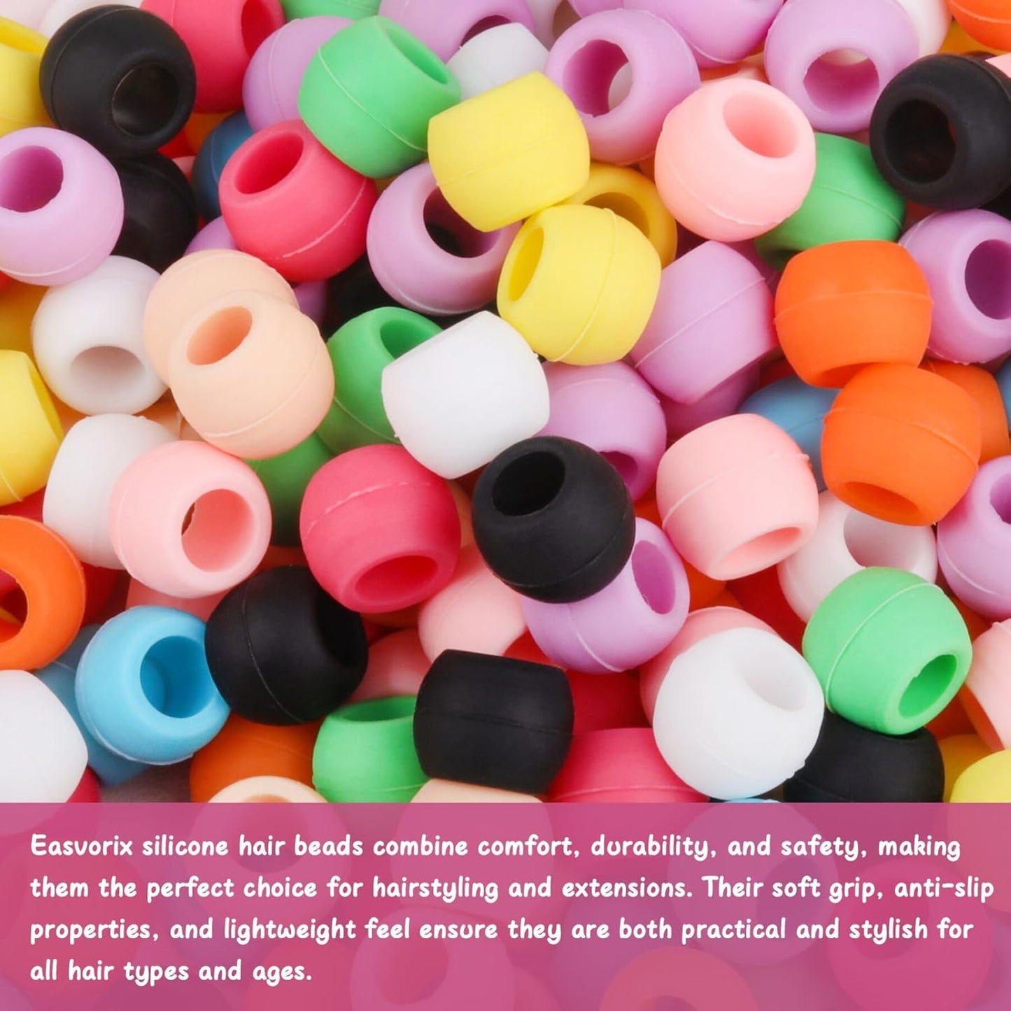 300 Small Silicone Hair Beads for Girls Kids Women, 7*5mm Colorful Soft Mini Silicone Beads for Bracelet, Hair Braids, DIY Crafts, Plastic Quick Beader for Hair Braid, 50 Elastic Rubber Bands