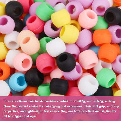 300 Small Silicone Hair Beads for Girls Kids Women, 7*5mm Colorful Soft Mini Silicone Beads for Bracelet, Hair Braids, DIY Crafts, Plastic Quick Beader for Hair Braid, 50 Elastic Rubber Bands