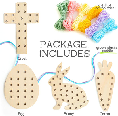 Easter Basket Stuffers - Easter Basket Essentials - Set of 4 Wooden Lacing Card Toys - Gifts for Girls Boys Teens - Spring Craft Activities Party Supplies for Girl Toddler Kids Basket Filler