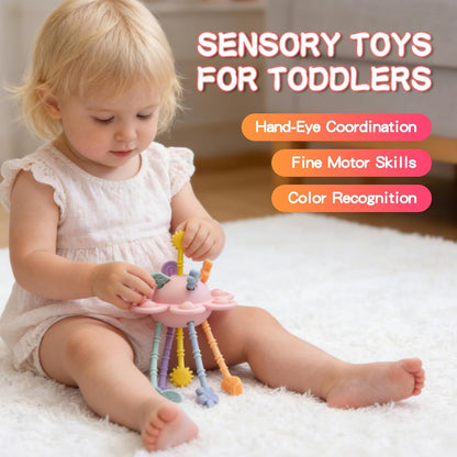 Food Grade Silicone Pull String Baby Toy, Montessori Pull String Sensory Toy for 18 Months Babies Teething Toys (Navy Blue)