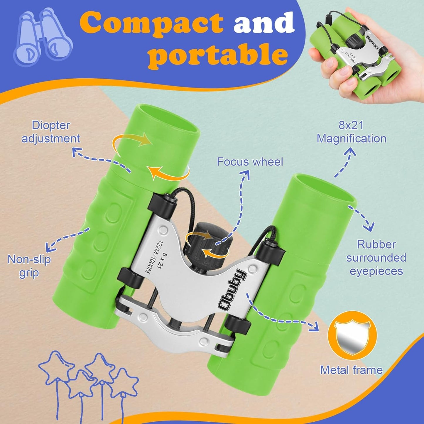 Real Binoculars for Kids Gifts for 3-12 Years Boys Girls 8x21 High-Resolution Optics Compact Toy Binocular for Bird Watching,Travel, Camping