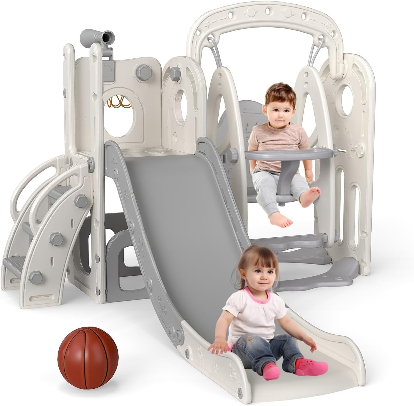 kinbor 6 in 1 Toddler Slide PlaySet - Indoor Outdoor Fun for Kids Ages 1-3, Includes Basketball Hoop, Telescope, Storage & Climber, Safe, Sturdy Baby Slide for Backyard Playground, Blue