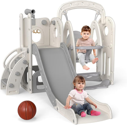 kinbor 6 in 1 Toddler Slide PlaySet - Indoor Outdoor Fun for Kids Ages 1-3, Includes Basketball Hoop, Telescope, Storage & Climber, Safe, Sturdy Baby Slide for Backyard Playground, Blue