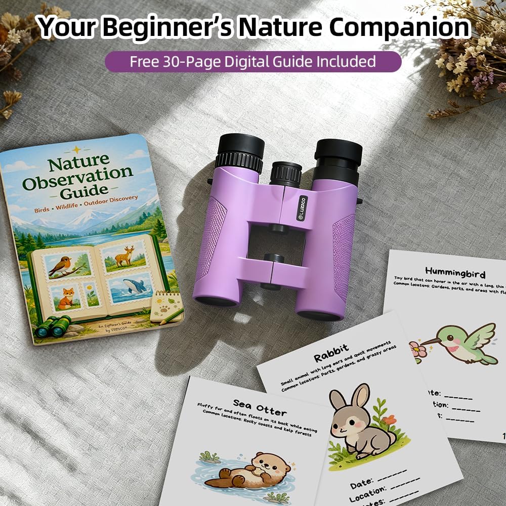 Binoculars for Kids 8-12, 10x25 Kids Binoculars for Nature Exploration, HD Childrens Binocular for Bird Watching, Hiking, Camping, Outdoor Adventure - Purple