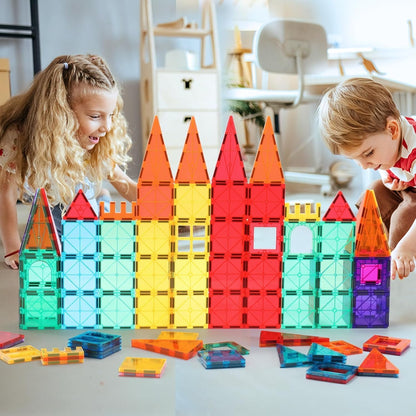 OugerToy 32-Pack Magnetic Tiles–Rainbow Builder Set, 2.95in STEM Construction Kit with Transparent Windows, Expand Creative Play for Kids