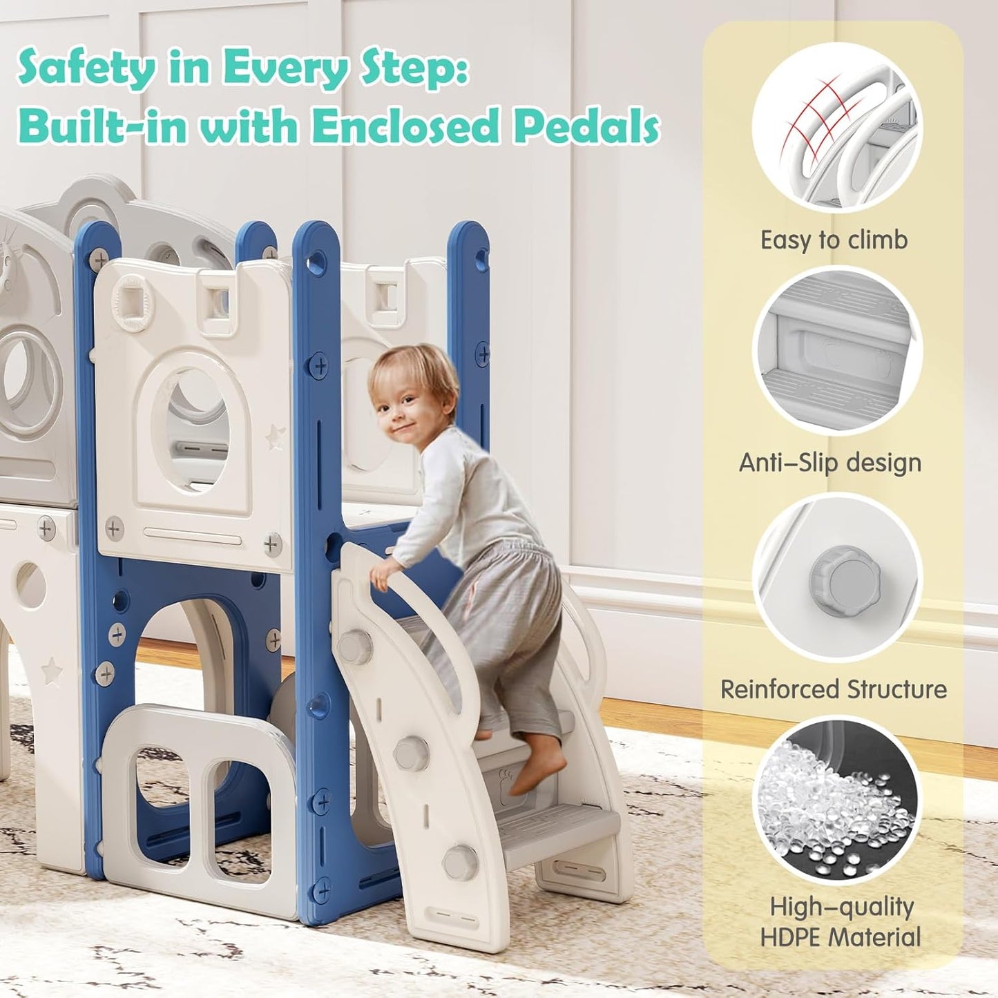 kinbor 6 in 1 Toddler Slide PlaySet - Indoor Outdoor Fun for Kids Ages 1-3, Includes Basketball Hoop, Telescope, Storage & Climber, Safe, Sturdy Baby Slide for Backyard Playground, Blue