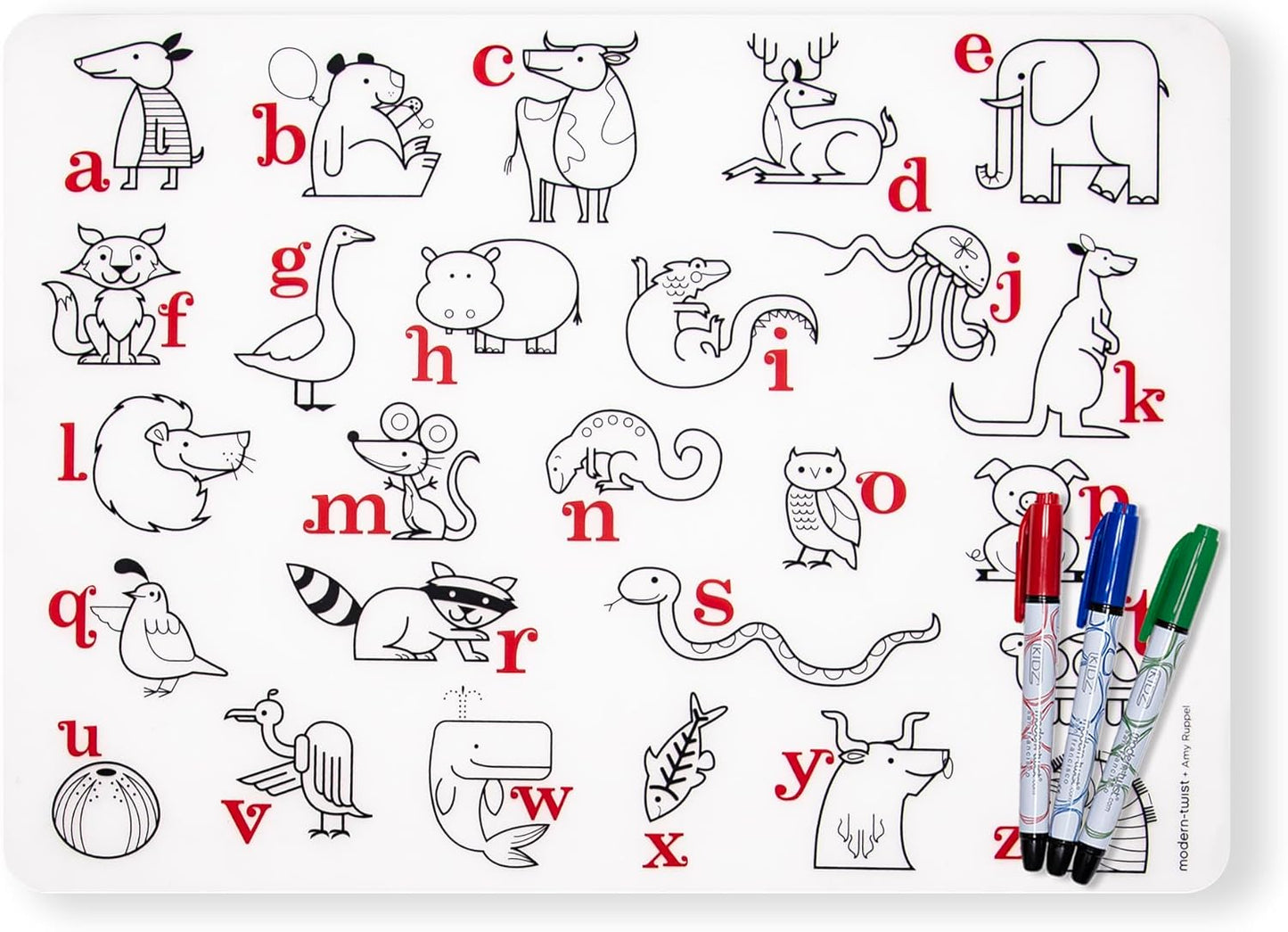 Modern Twist Mark-Mat Set, Silicone, Color Sheet & 3 Dry Erase Markers for Kids – Alphabet Animals