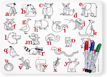 Modern Twist Mark-Mat Set, Silicone, Color Sheet & 3 Dry Erase Markers for Kids – Alphabet Animals
