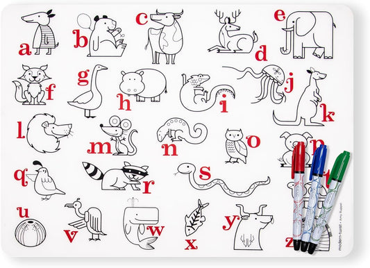Modern Twist Mark-Mat Set, Silicone, Color Sheet & 3 Dry Erase Markers for Kids – Alphabet Animals