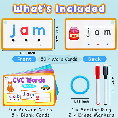 CVC Words Writing & Spelling Cards, Phonics Flash Card, Beginning Phonics Word Builders, Sorting Spelling Word Learning Aids, Speech Therapy, 60 Learning Educaitonal Cards, for Preschool Kindergarten