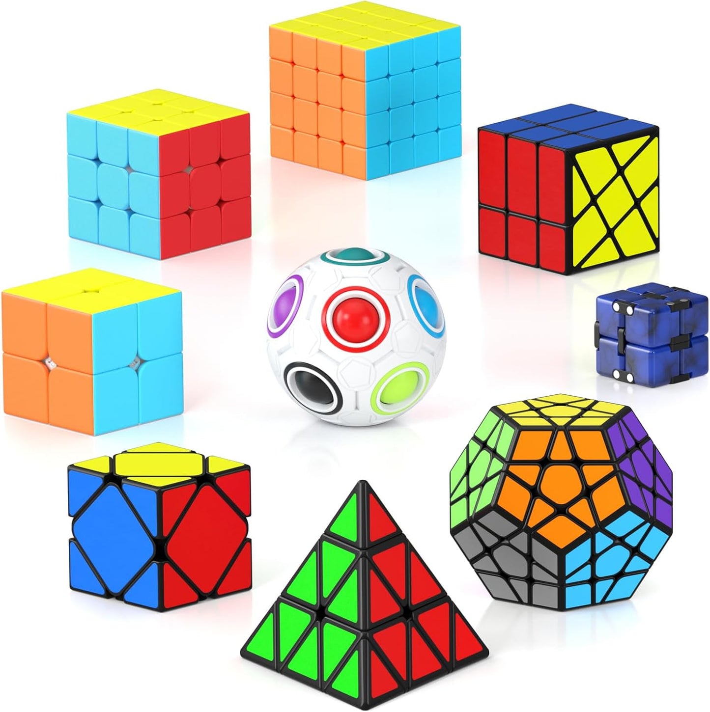 Vdealen Speed Cube Set, 7 Pack Puzzle Cube Bundle Fidget Ball 2x2 3x3 4x4 Pyramid Dodecahedron Rainbow Snake Magic Cube, Smooth Cube Game Toys Gift for Kids & Adults