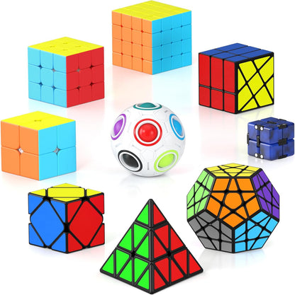 Vdealen Speed Cube Set, 7 Pack Puzzle Cube Bundle Fidget Ball 2x2 3x3 4x4 Pyramid Dodecahedron Rainbow Snake Magic Cube, Smooth Cube Game Toys Gift for Kids & Adults
