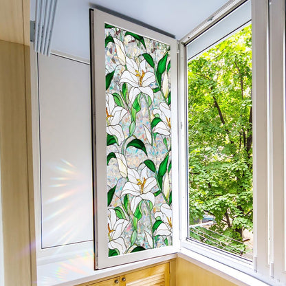 Flower Stained Glass Window Film Decorative Static Cling Stickers Sun Blocking Privacy Decals for Home Car White Lily