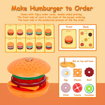 Montessori Toys for 2, 3 Year Old, Wooden Burger Sandwich Stacking Toys for Toddler Educational Toys Fine Motor Skills Foods Preschool Learning Blocks Gifts Boys Girls