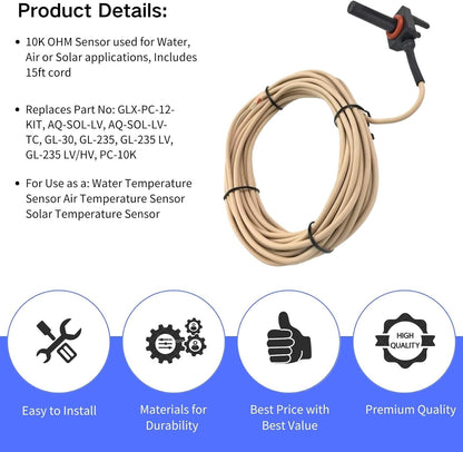 GLX-PC-12-KIT 10K Thermistor Temperature Sensor with 15-Feet Cable Water/Air/Solar Temperature Sensor Replacement Kit Compatible with Hayward Salt Chlorine Generators