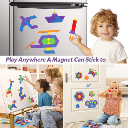 Vanmor 216PCS Magnetic Pattern Blocks Set Complete with 298 Pattern Book Magnet Board Magnetic Shapes for Kids Educational Montessori Tangram Toy for Children Aged 3 8 Portable Travel Game
