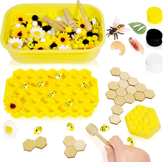 Hiawbon Bee Sensory Bin Fillers, Bee Hive Montessori Toys for Toddlers, Counting Sorting Toys for Kids, Pom Poms Sunflowers Honeycomb Fine Motor Toys for Early Learning