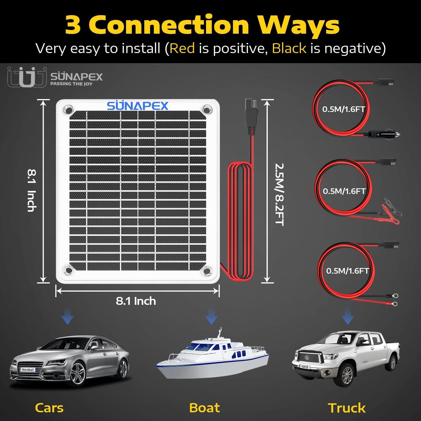 SUNAPEX 12V 10 Watt Solar Trickle Charger Maintainer - Waterproof Solar Powered Battery Charger - Solar Panel Kit Built-in Smart Charge Controller for Car Rv Trailer Truck Boat Automotive Marine