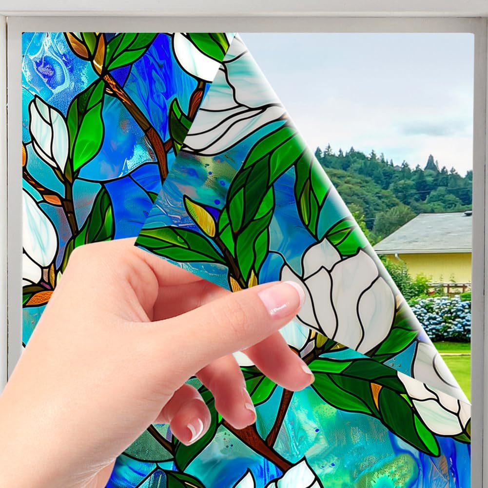 JOONOR Privacy Window Film Stained Glass Window Sticker Non-Adhesive Frosted Glass Film Decorative Magnolia Flower Pattern Static Cling Decals for Home UV Blocking/Heat Insulation 17.7 x 39.4 Inch