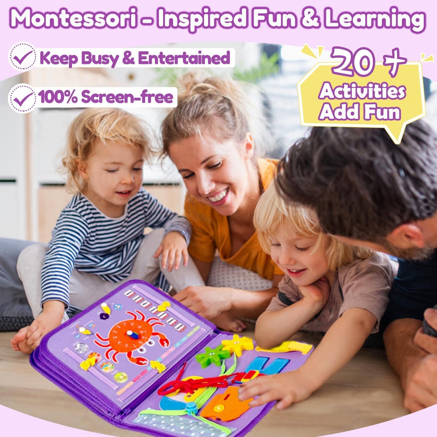 Qizfun Toddler Busy Board Montessori Toys – Sensory Busy Book, Educational Learning Travel Toy for Airplane & Car, Keeps Toddlers Entertained, Birthday Gifts for Toddler Boys Girls (Blue/P8)