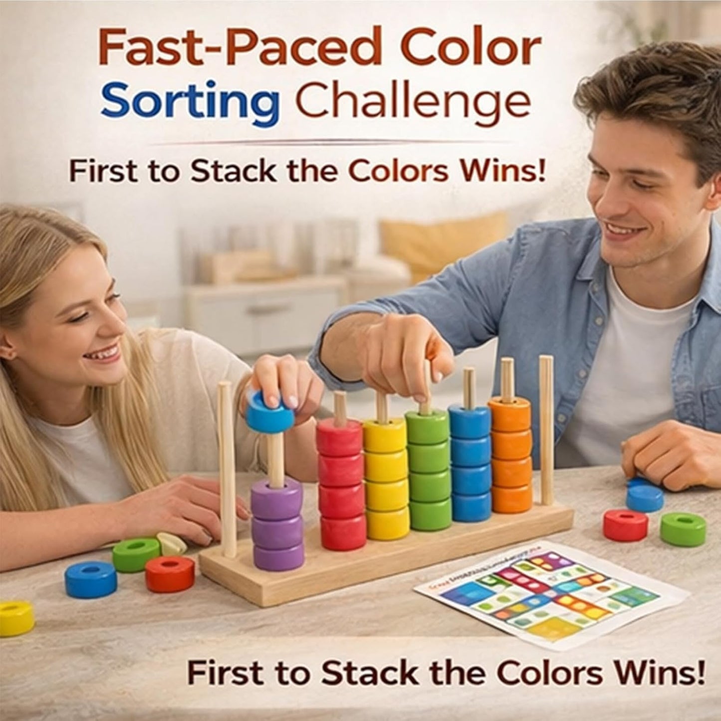Color Matching Stacking Puzzle Game, Fast Pattern Challenge Ring Stack Puzzle for 2 Players| Competitive Tabletop Brain Teaser for Family Game Night