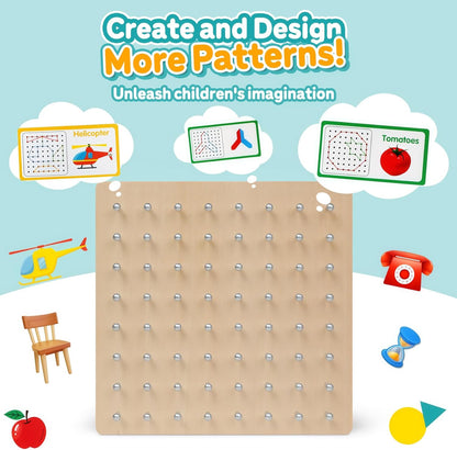 Skrtuan Wooden Geoboard with Pattern Cards & Rubber Bands, Montessori STEM Educational Toy for Kids 3-5 5-8 Years Old, Brain Teaser Puzzle Game for Geometry Learning and Creative Shapes