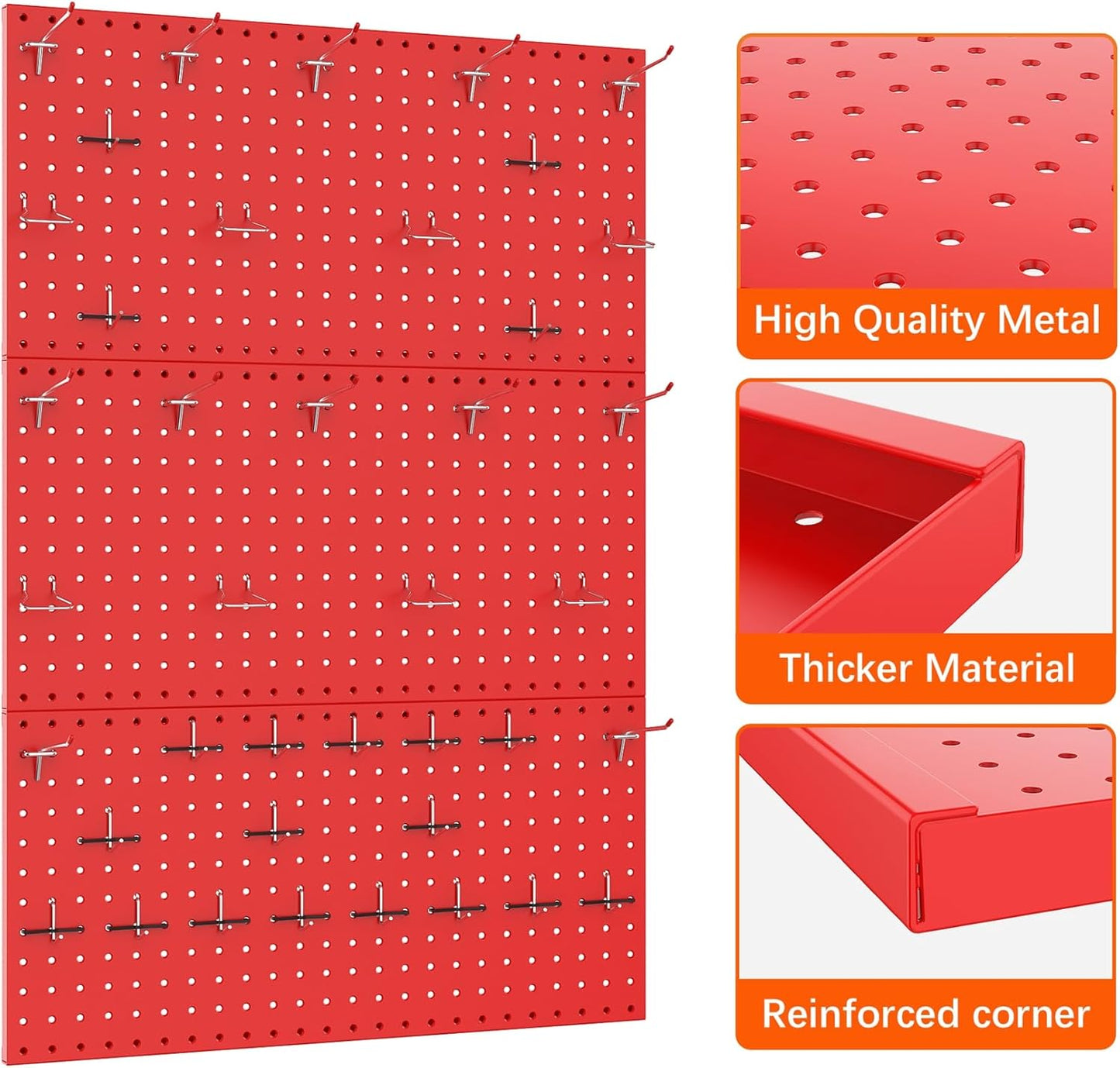 TORACK 3 PCS Metal Pegboard Panels(12x24 inch) for Wall Garage Tools Storage Pegboard for Workbench, Modular Peg Board Tool Organizer Board Kit(Pack of 3, Orange)