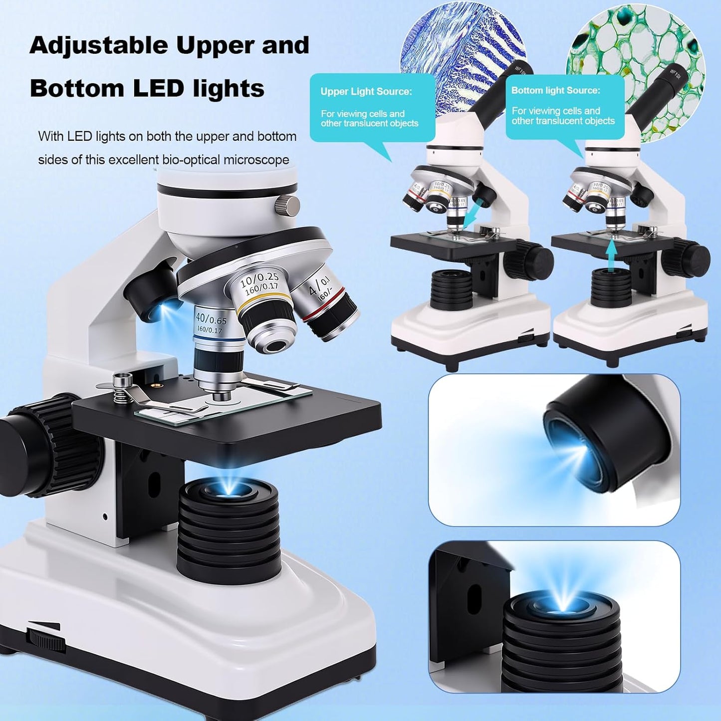 Microscope for Adults & Kids, 40X-2500X High-Power Compound Microscope for Students, School Lab & Home Schooling,Equiped with Slides Set & Phone Holder (Light White)