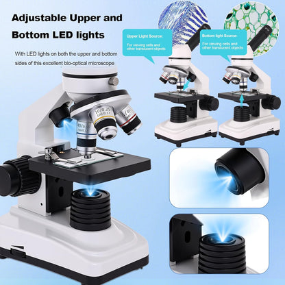 Microscope for Adults & Kids, 40X-2500X High-Power Compound Microscope for Students, School Lab & Home Schooling,Equiped with Slides Set & Phone Holder (Light White)