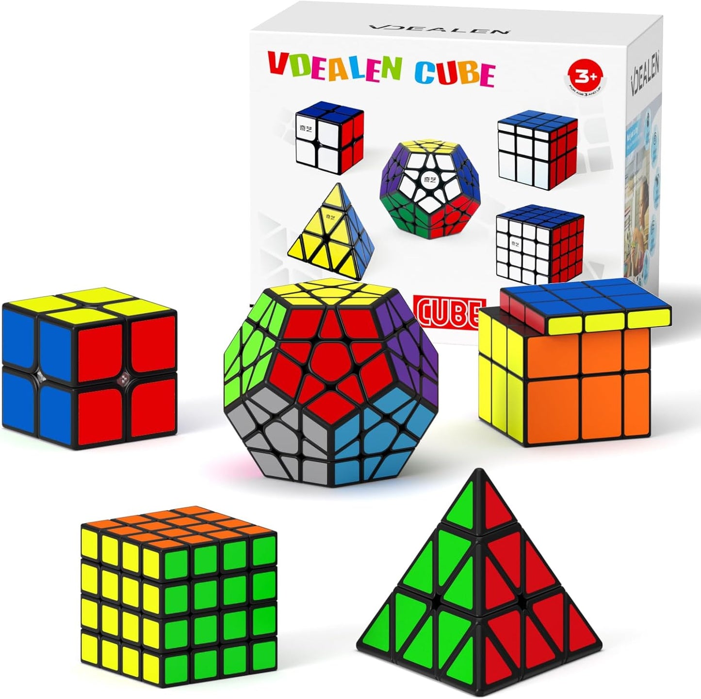 Vdealen Speed Cube Set, 7 Pack Puzzle Cube Bundle Fidget Ball 2x2 3x3 4x4 Pyramid Dodecahedron Rainbow Snake Magic Cube, Smooth Cube Game Toys Gift for Kids & Adults