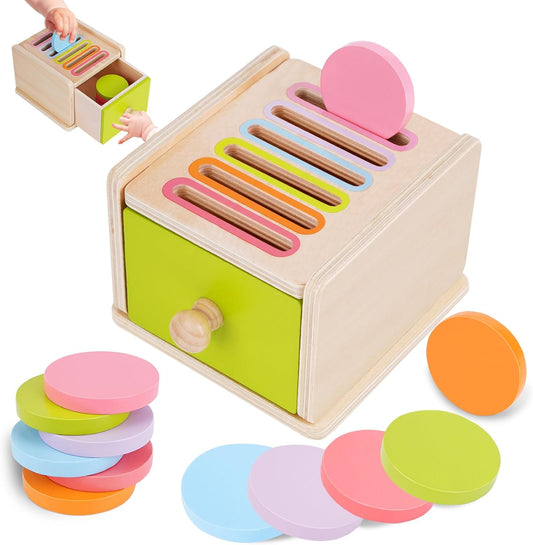 FCSONU Toddlers Montessori Coin Box Toys for 1 2 3 Year Old Boys Girls, Drawer Box Toy for Ages 2-4 Kids, Learning Color Sorting Sensory Toys, New Year Birthday for Baby 12-18 Months