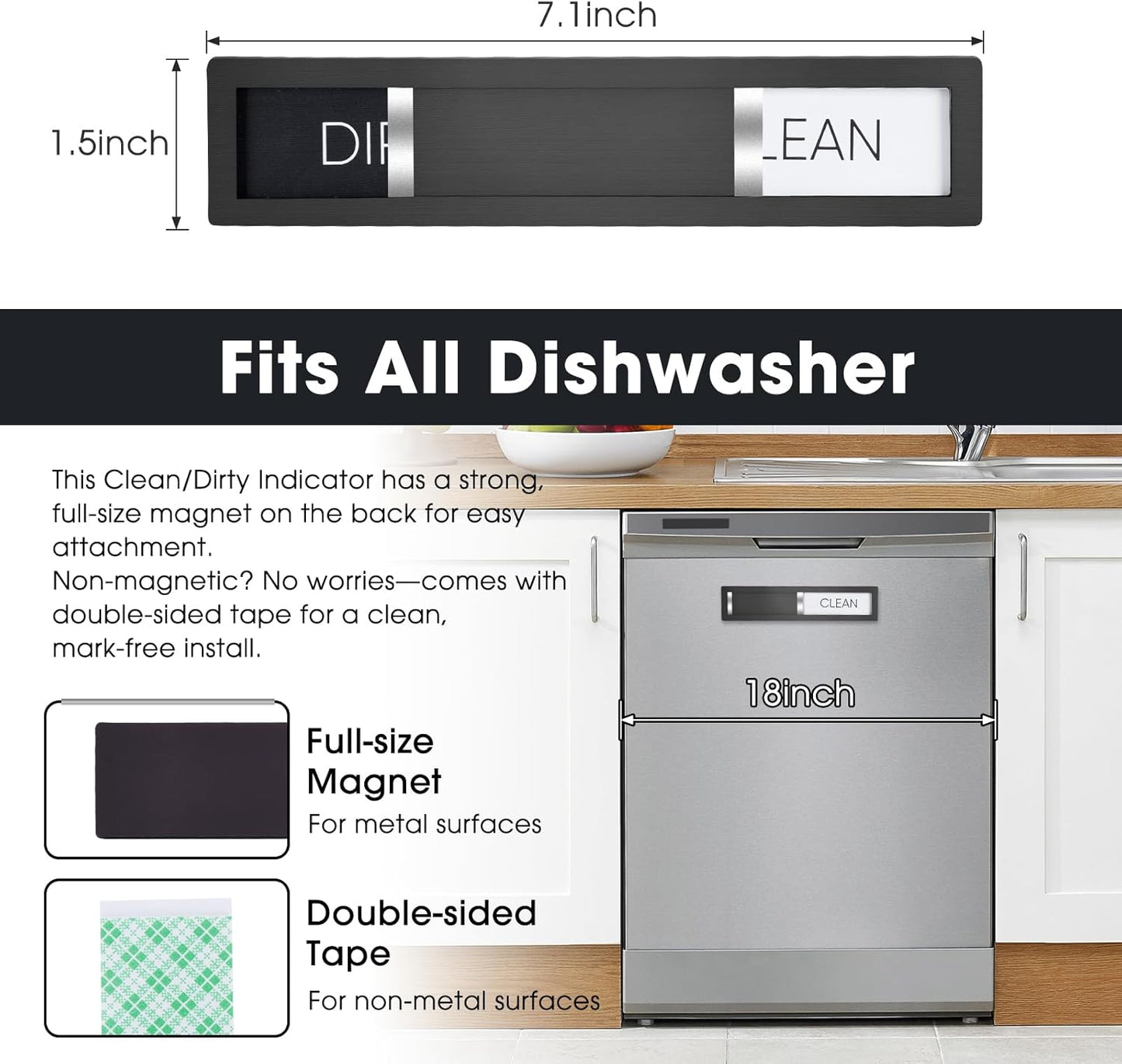 Clean Dirty Magnet for Dishwasher, Premium Stainless Steel, Dirty/Clean Speckled Design, Durable Magnet & Clear Indicators with Extra Tape (Silvery-Gray-01)
