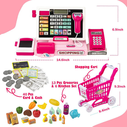 Cash Register for Kids Real Calculator Kids Cash Register with Scanner Toy for 3 4 5 6 7 8 Year Old Boy Pretend Play Store with Music / Food / Shopping Cart Learning Toys Gifts for Boys Ages 4-8
