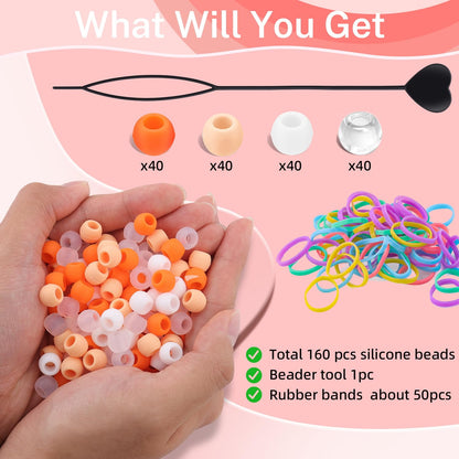 150Pcs 10mm Small Silicone Beads for Hair Braids, Soft Jellyish Pony Hair Beads with 5mm Hole + 50 Rubber Bands and 1 Beader for Braiding, DIY Bracelets Necklaces Crafts (Pink)