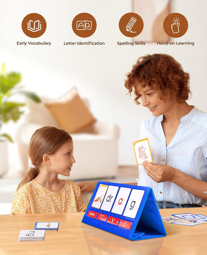 Gamenote Word Building Desktop Pocket Chart Tent Flash Cards Kit - CVC Words Phonics Games Blending Board for Kindergarten Reading and Spelling