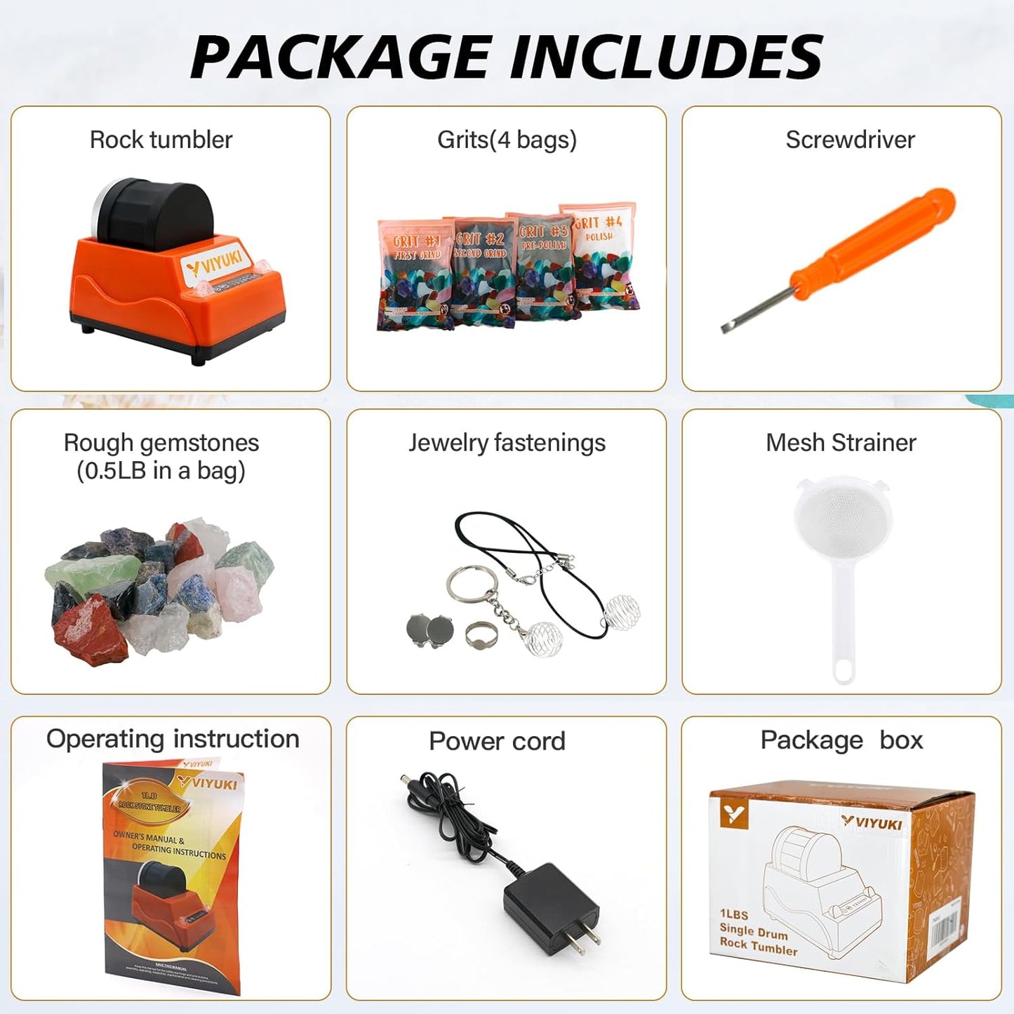 Professional Rock Tumbler Kit - Double Drum 6LB Rock Polisher(Double Barrel), Includes Rough Gemstones, 8 Polishing Grits, Jewelry, Learning Guide, Ideal Gift for Adults & Collectors